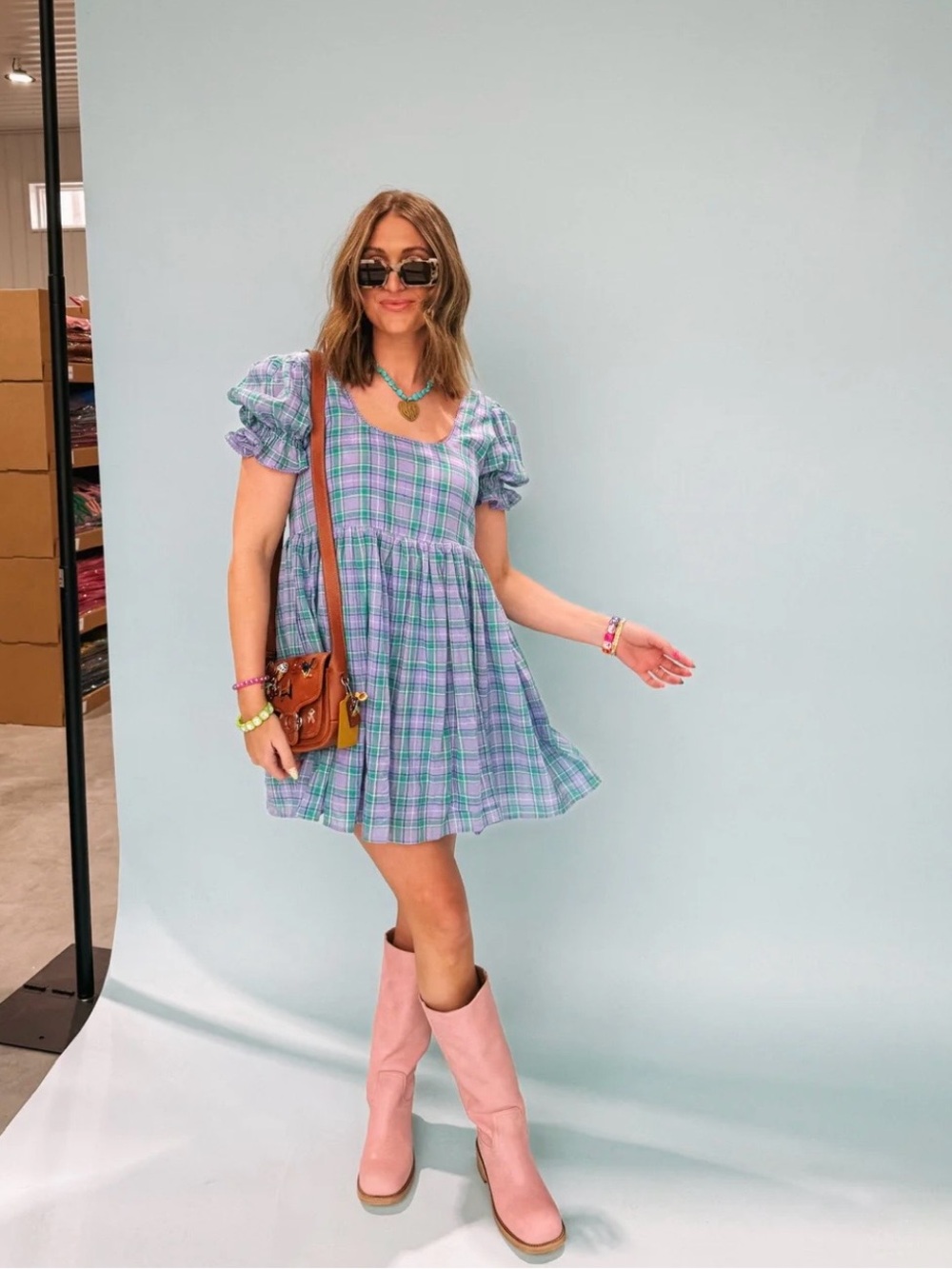 Wishlist Lavender & Mint Plaid Puff-Sleeve Mini Dress